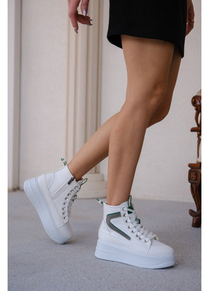 Co- Pone White Skin Green Detailed Lace Up Boots