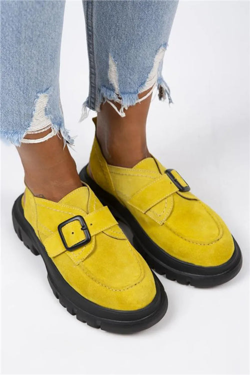 Mj-rayne vrouw echte lederen gesp gebogen gele suede sandalen