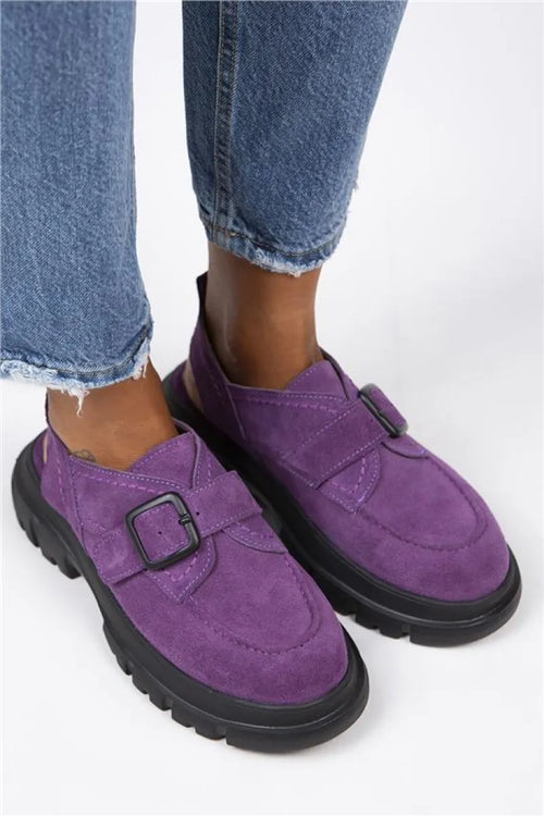 Mj-rayne mujer hebilla de cuero genuina sandalias de gamuza púrpura arqueada