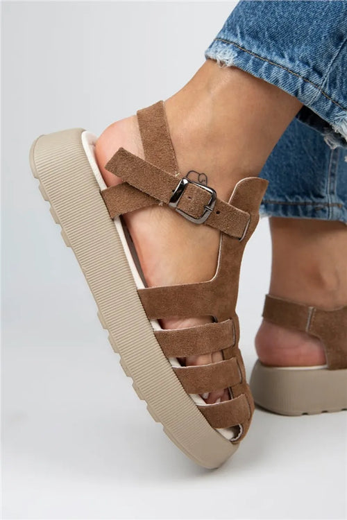Mj- Rosa Kadın Hakiki Deri Kafesli Sandalet Koyu Taba Sandalet