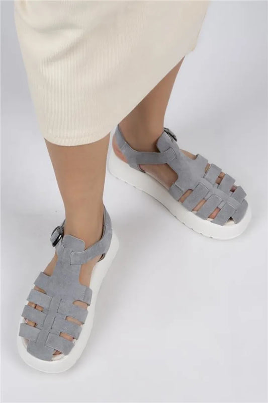 Mj- rosa kadın hakiki deri tokalı gri - beyaz sandalet / women > shoes > sandals