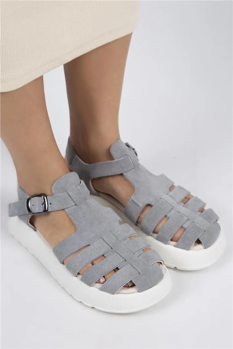 Mj- rosa kadın hakiki deri tokalı gri - beyaz sandalet / women > shoes > sandals