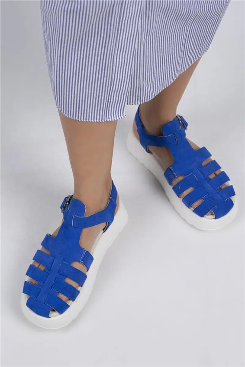Mj- rosa kadın hakiki deri tokalı mavi - beyaz sandalet / women > shoes >