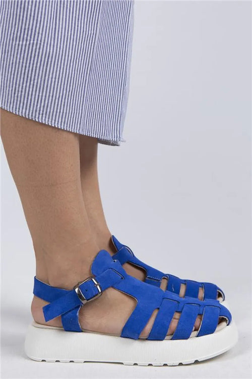 Mj- Rosa Kadın Hakiki Deri Tokalı Mavi - Beyaz Sandalet