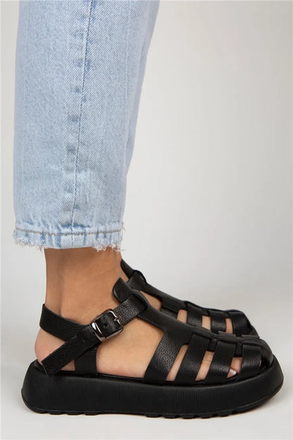 Mj- rosa kadın hakiki deri tokalı siyah sandalet / women > shoes > sandals