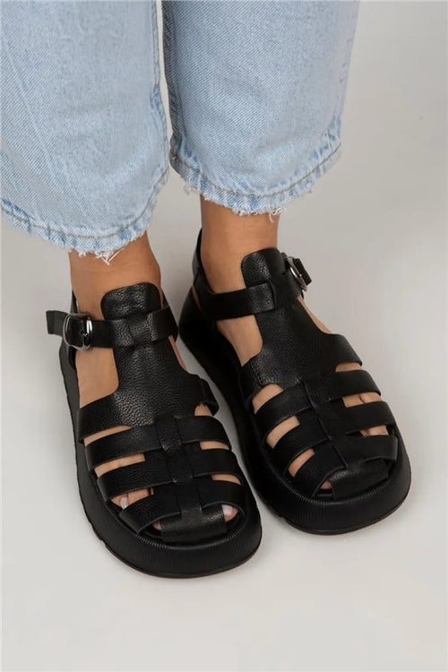 Mj- Rosa Kadın Hakiki Deri Tokalı Siyah Sandalet