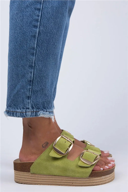 MJ- Selina Women Original Leather Double buckle peanut green - Gold Slippers
