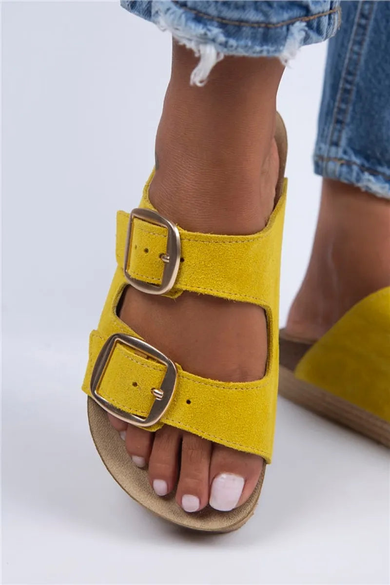 Women > shoes slippers mj- selina kadın hakiki deri çift tokalı sarı - gold