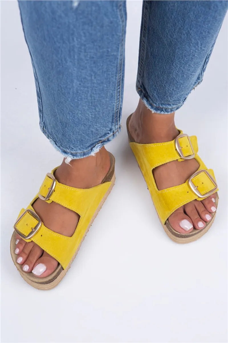 Women > shoes slippers mj- selina kadın hakiki deri çift tokalı sarı - gold