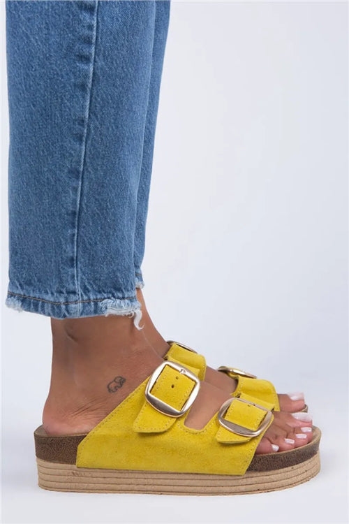 MJ- Selina Women Original Leather Double buckle yellow - gold slippers