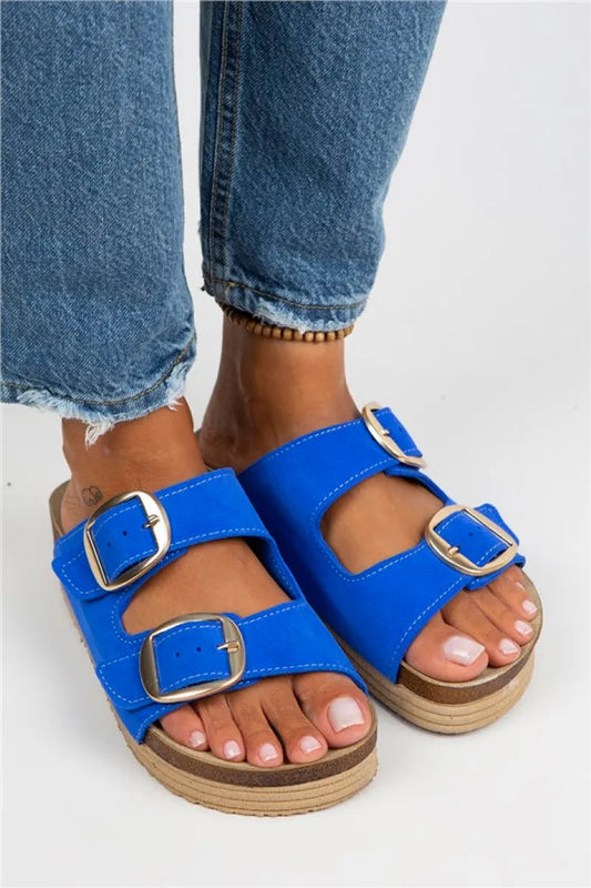 Women > shoes sandals mj- selina kadın hakiki deri çift tokalı mavi - gold