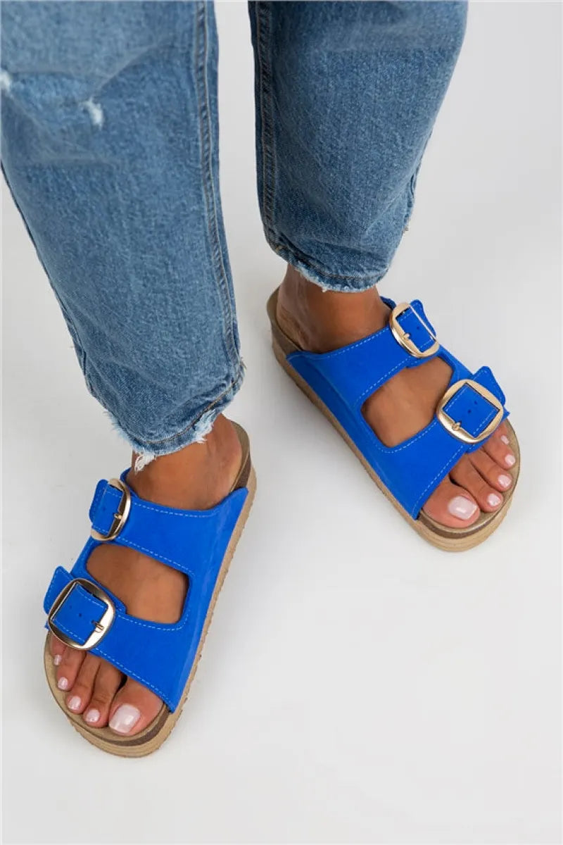 Women > shoes sandals mj- selina kadın hakiki deri çift tokalı mavi - gold