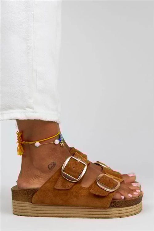 MJ- Selina Women Original Leather dual buckle Tan - Gold Slippers