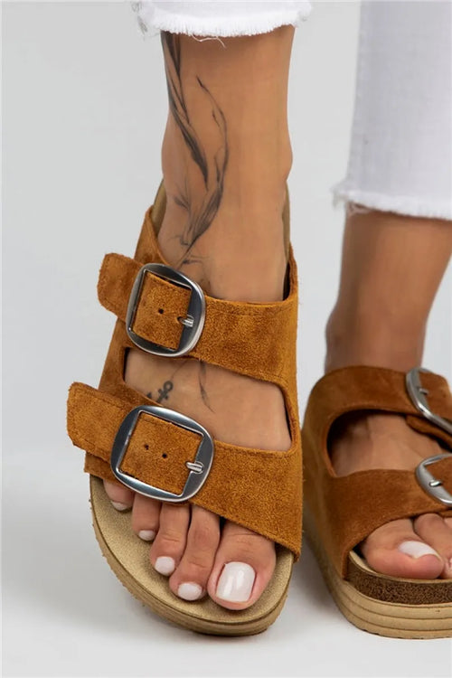 MJ- Selina Women Original Leather Dual buckle Tan -The Slipper Slippers