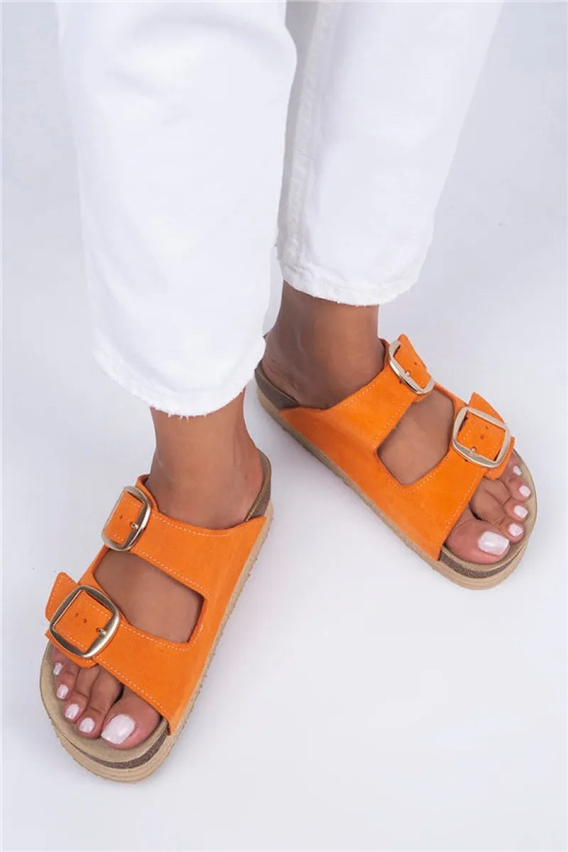 Women > shoes slippers mj- selina kadın hakiki deri çift tokalı turuncu - gold
