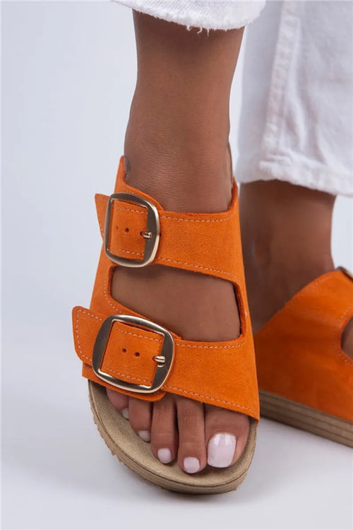 MJ- Selina Women Original Leather DOUBLE TOKALI Orange - Gold Slippers