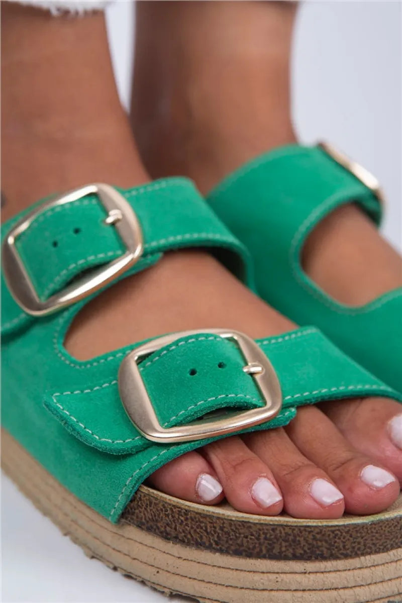 Women > shoes slippers mj- selina kadın hakiki deri çift tokalı yeşil - gold