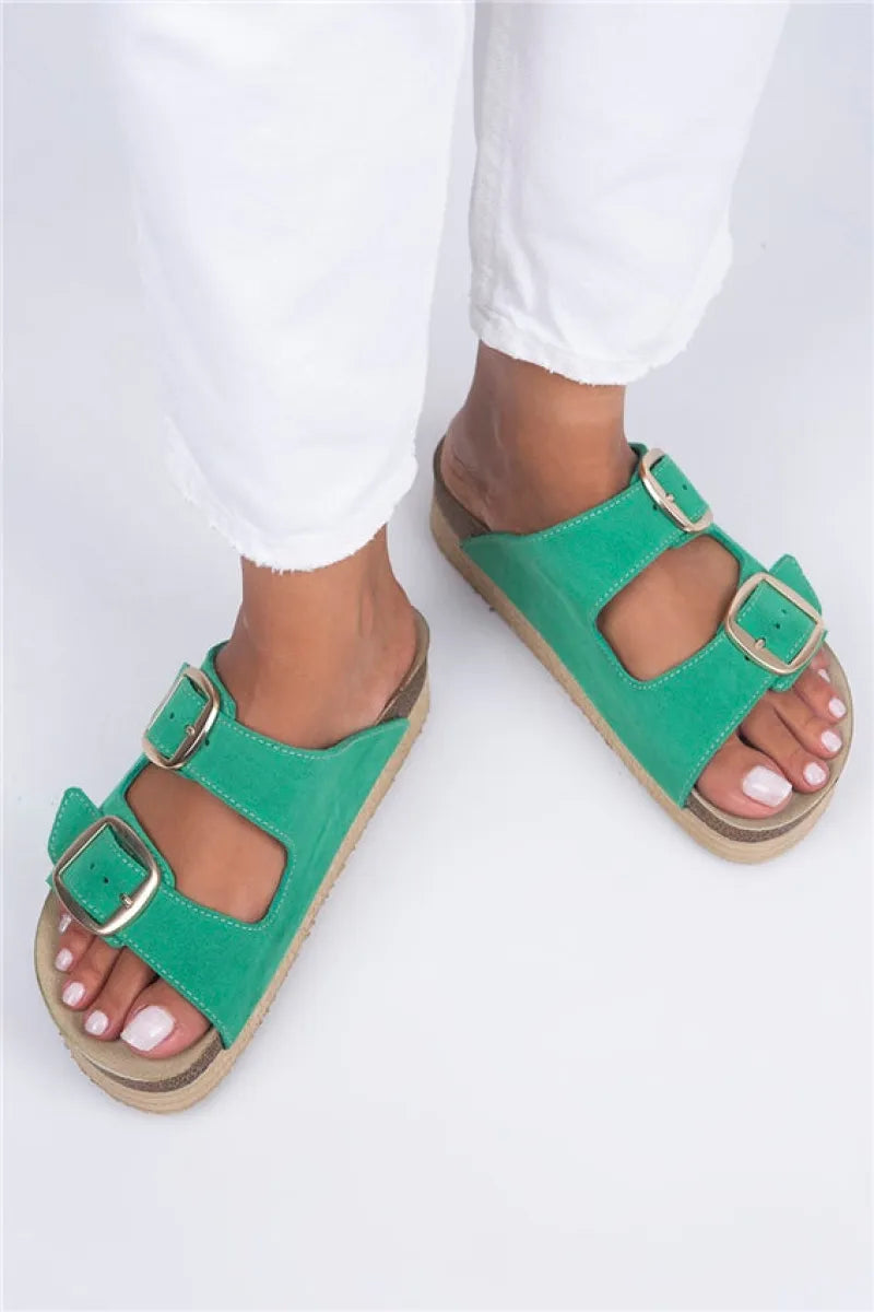 Women > shoes slippers mj- selina kadın hakiki deri çift tokalı yeşil - gold