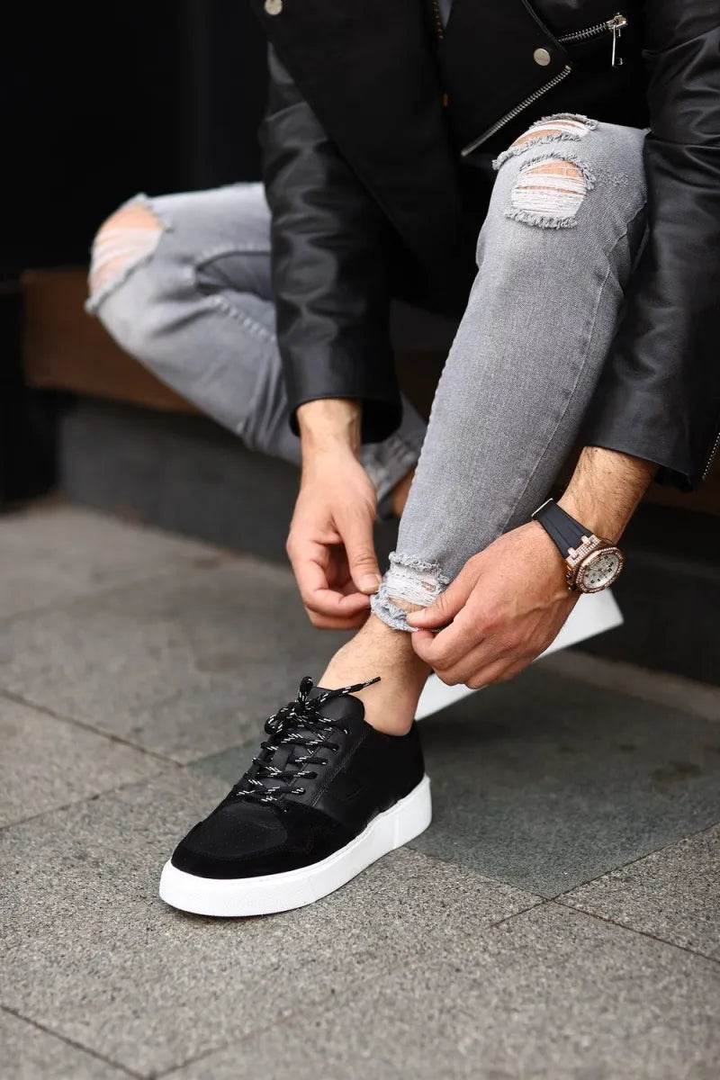 So- siyah deri süet bağcıklı erkek sneakers