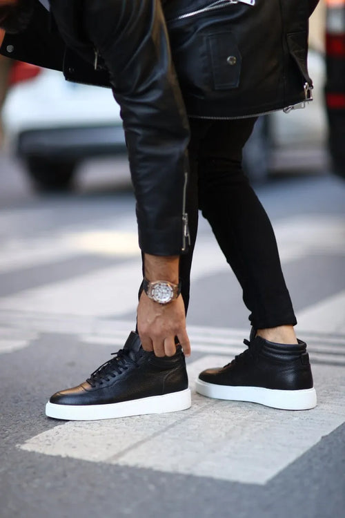 So- Black, Leather, Floter Laccked, Men Sneakers Boots