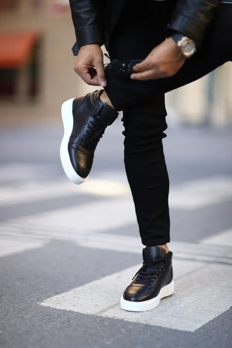 So- siyah deri flooter bağcıklı erkek sneakers bot