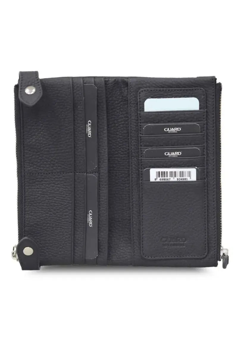 Gd siyah mat çift fermuarlı telefon bölmeli deri kadın cüzdanı / accessories >