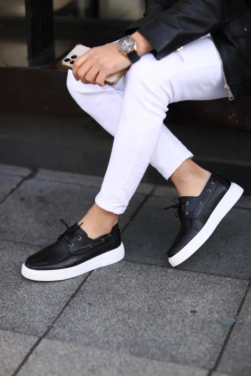 So- siyah floter deri bağcıklı sneakers erkek ayakkabı