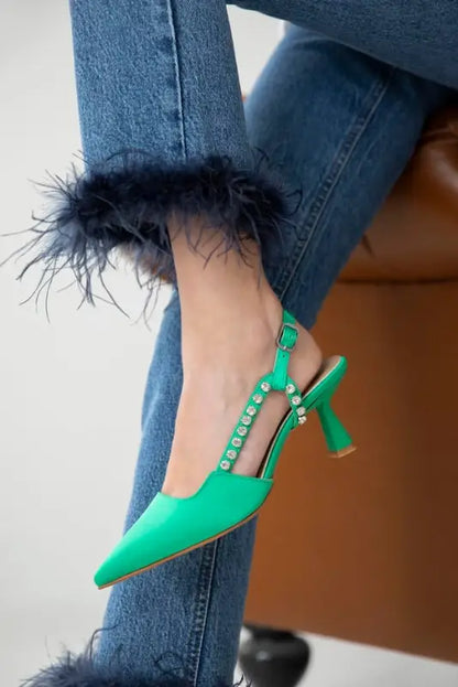 St- Arlo Women’S Stone Detailed Heeled Satin Shoes Green - Women > Heels.