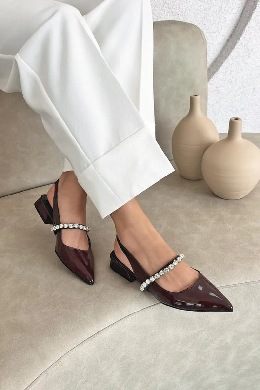 St - bond kadın taş detay topuklu rugan ayakkabı bordo
