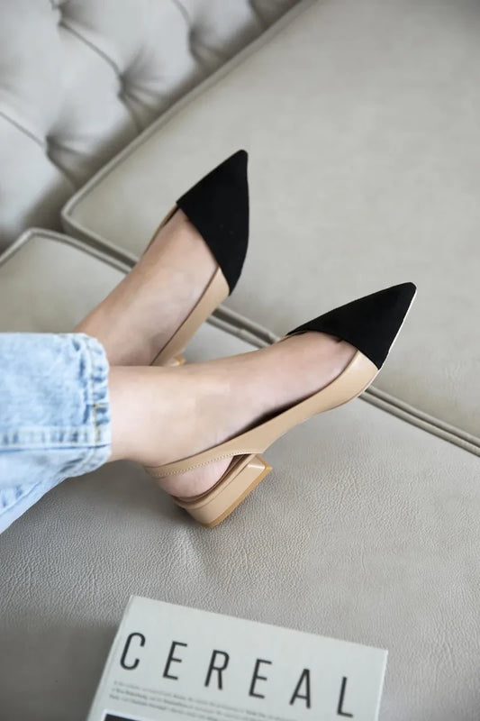 St- Ronan Kadın Süet Detay Topuklu Deri Ayakkabı Ten-Siyah