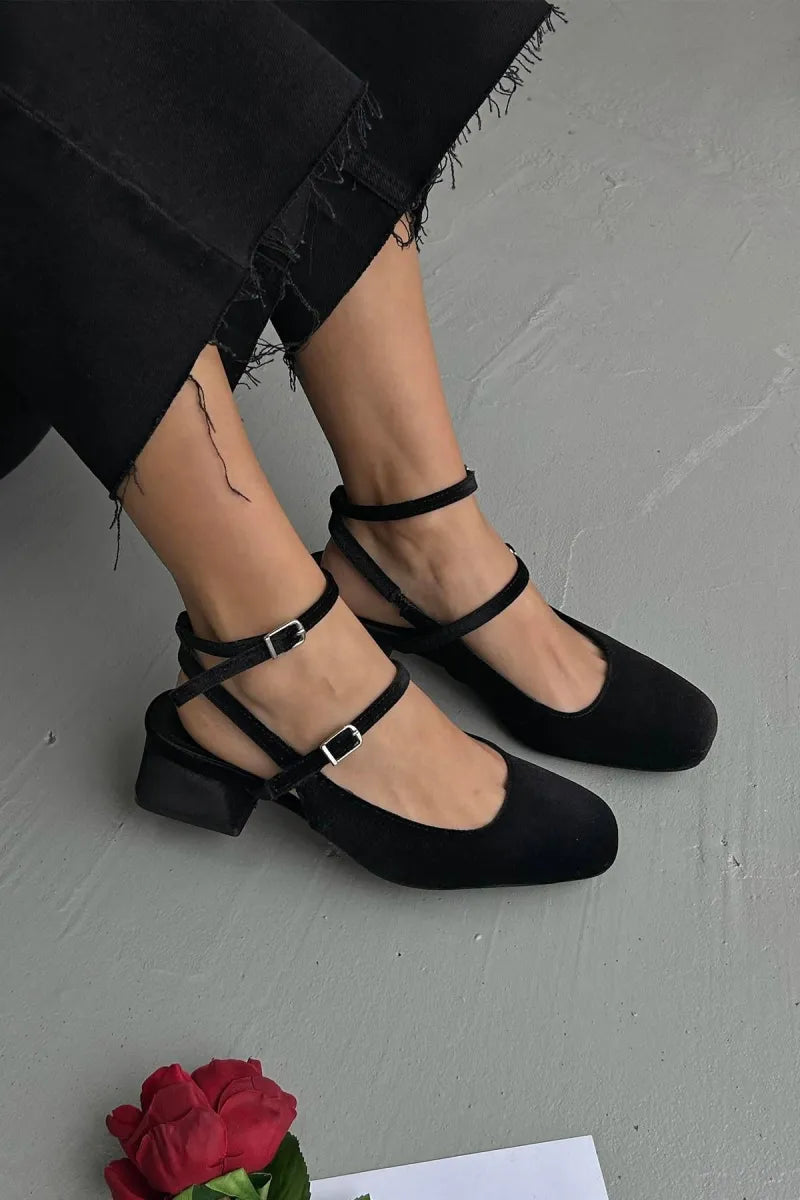 St- viola kadın topuklu kadife ayakkabı siyah