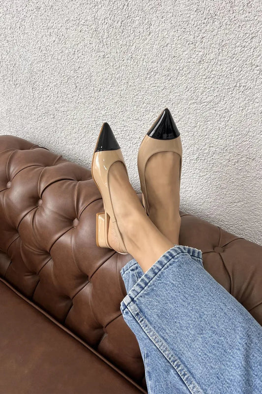 St- wanda kadın topuklu rugan ayakkabı ten-siyah