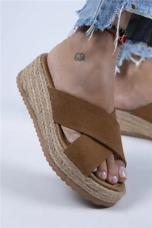 MJ-tegan Frau echtes Leder-Doppelband-Quer-Slipper Taba Süet Slipper