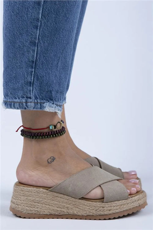 Mj- Tegan Women Original Leather Double Band Cross Slipper Beige Suede Slipper