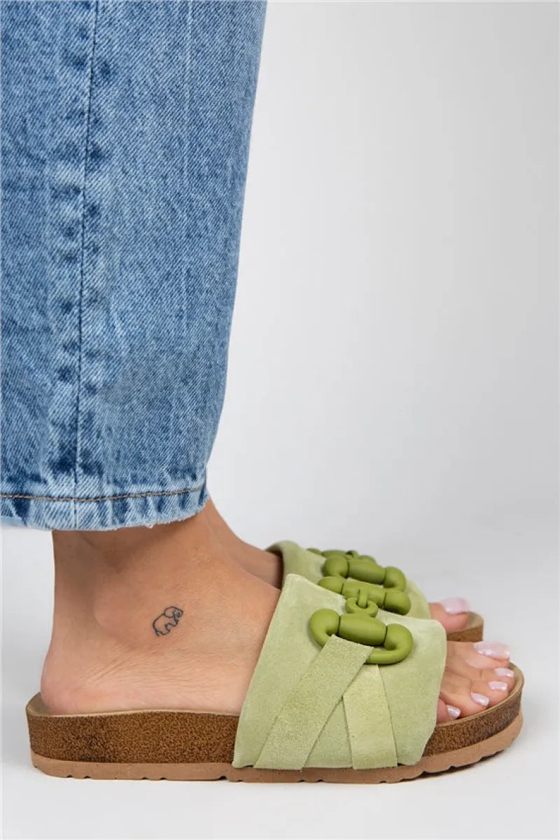 Mj- valeria kadın hakiki deri tek bant fıstık yeşili terlik / women > shoes >
