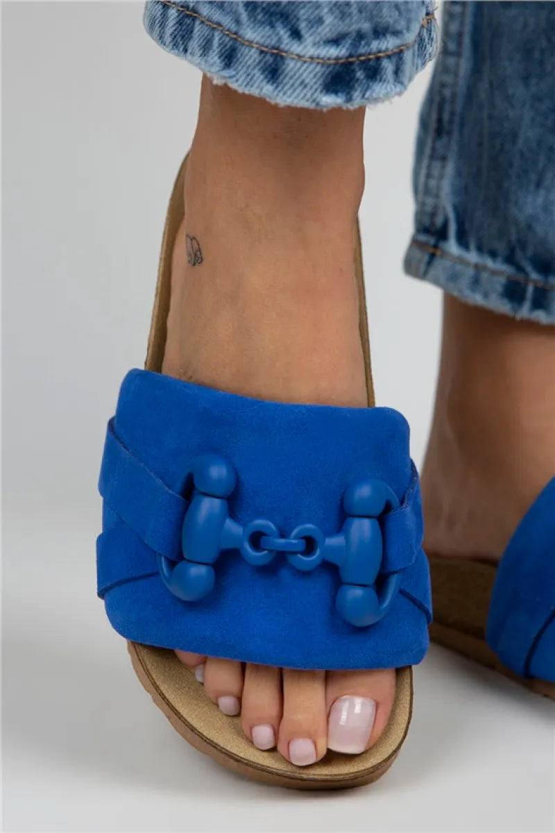 Mj- valeria kadın hakiki deri tek bant mavi terlik / women > shoes > slippers