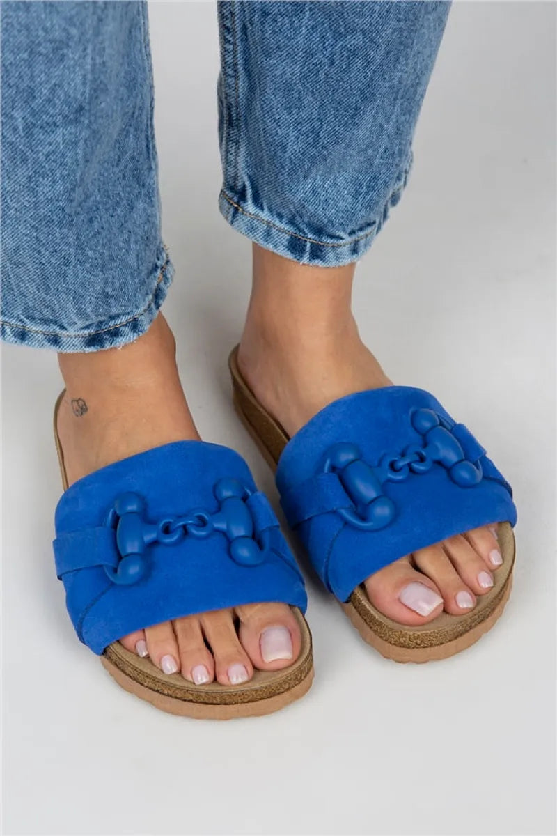 Mj- valeria kadın hakiki deri tek bant mavi terlik / women > shoes > slippers
