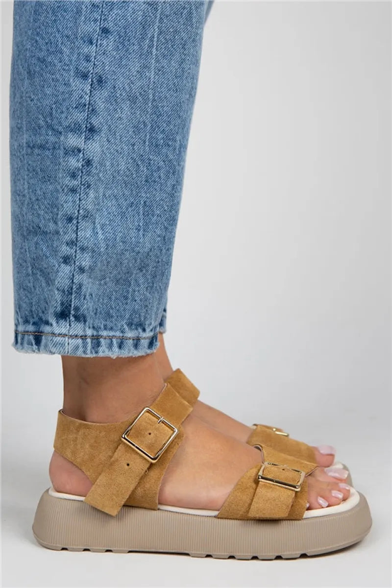 Mj- vena kadın hakiki deri tokalı hardal sandalet / women > shoes > sandals