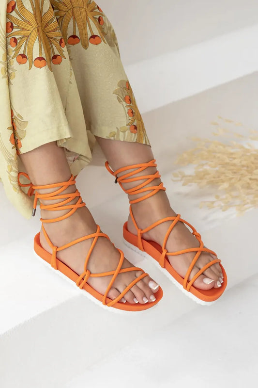 Women > shoes sandals st- vikas kadın bilekten bağlamalı deri sandalet oranj