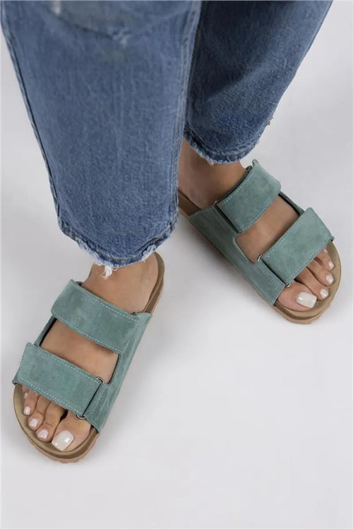 Mj- vina Women Original Leather Double Call Mint Green Slippers
