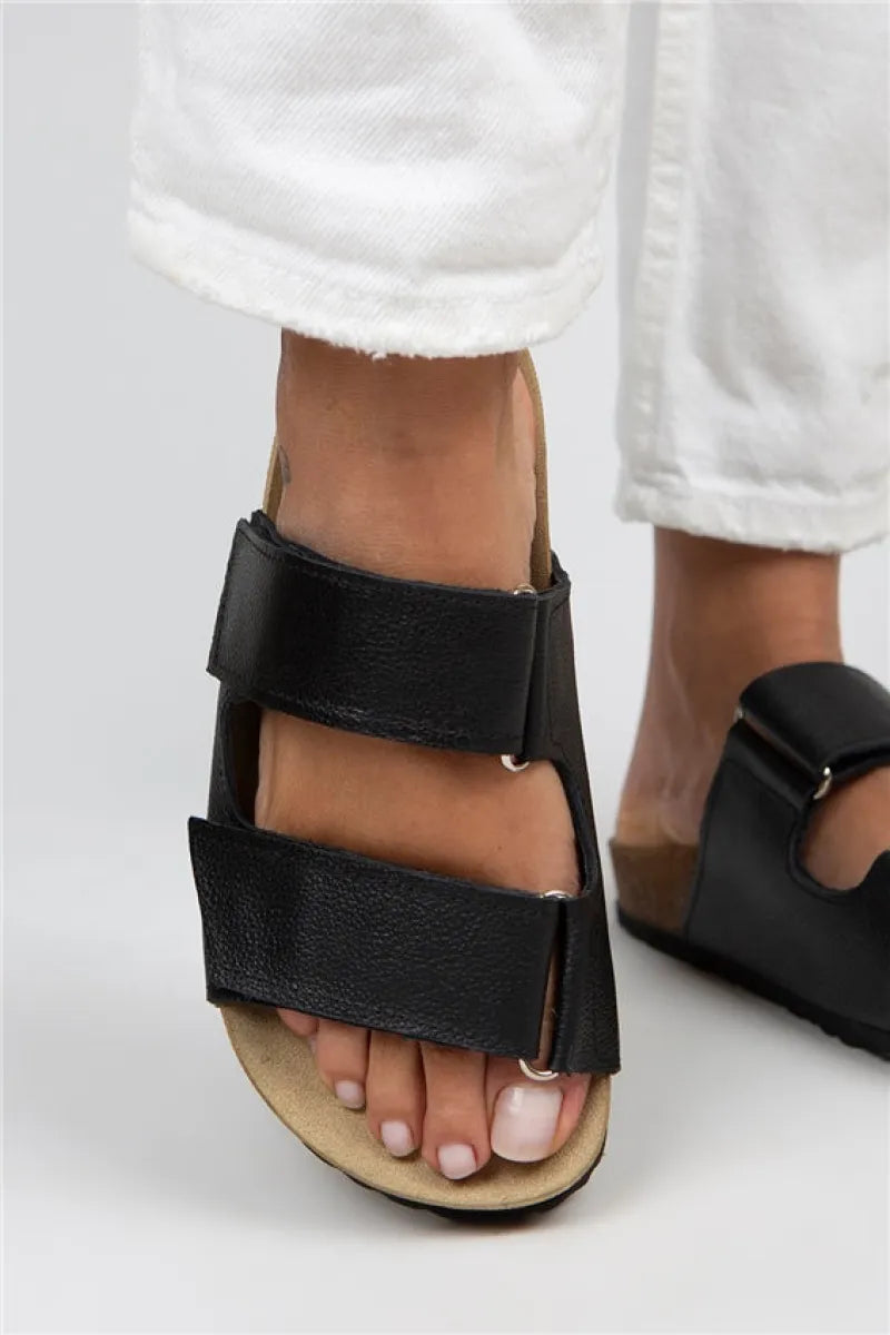 Mj- vina kadın hakiki deri çift cırtlı siyah deri terlik / women > shoes >