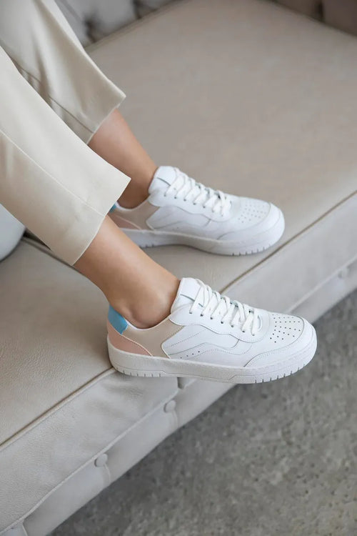 ST-Wantt Women Leather Sport Shoes White-Bebe Blue