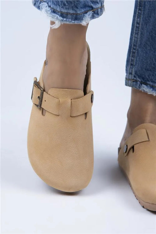 Mj- zeta Women Original Leather Arched buckle mustard - oxide slippers