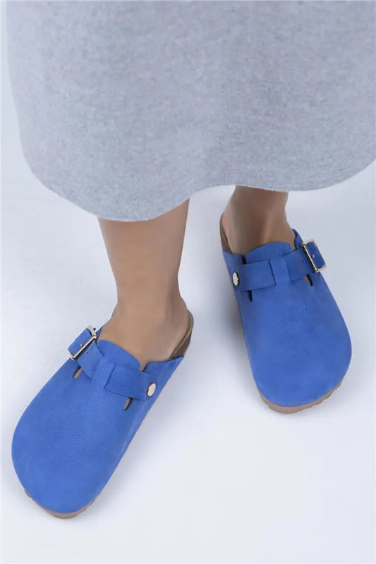 Mj zeta kadın hakiki deri kemerli tokalı mavi - gold terlik / women > shoes >