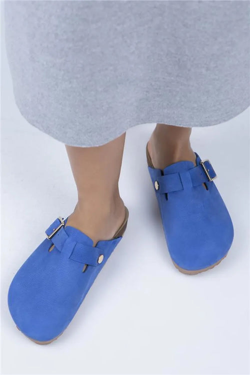 Mj- Zeta El genuino azul arqueado de cuero para mujer - zapatillas de oro - zapatillas de oro